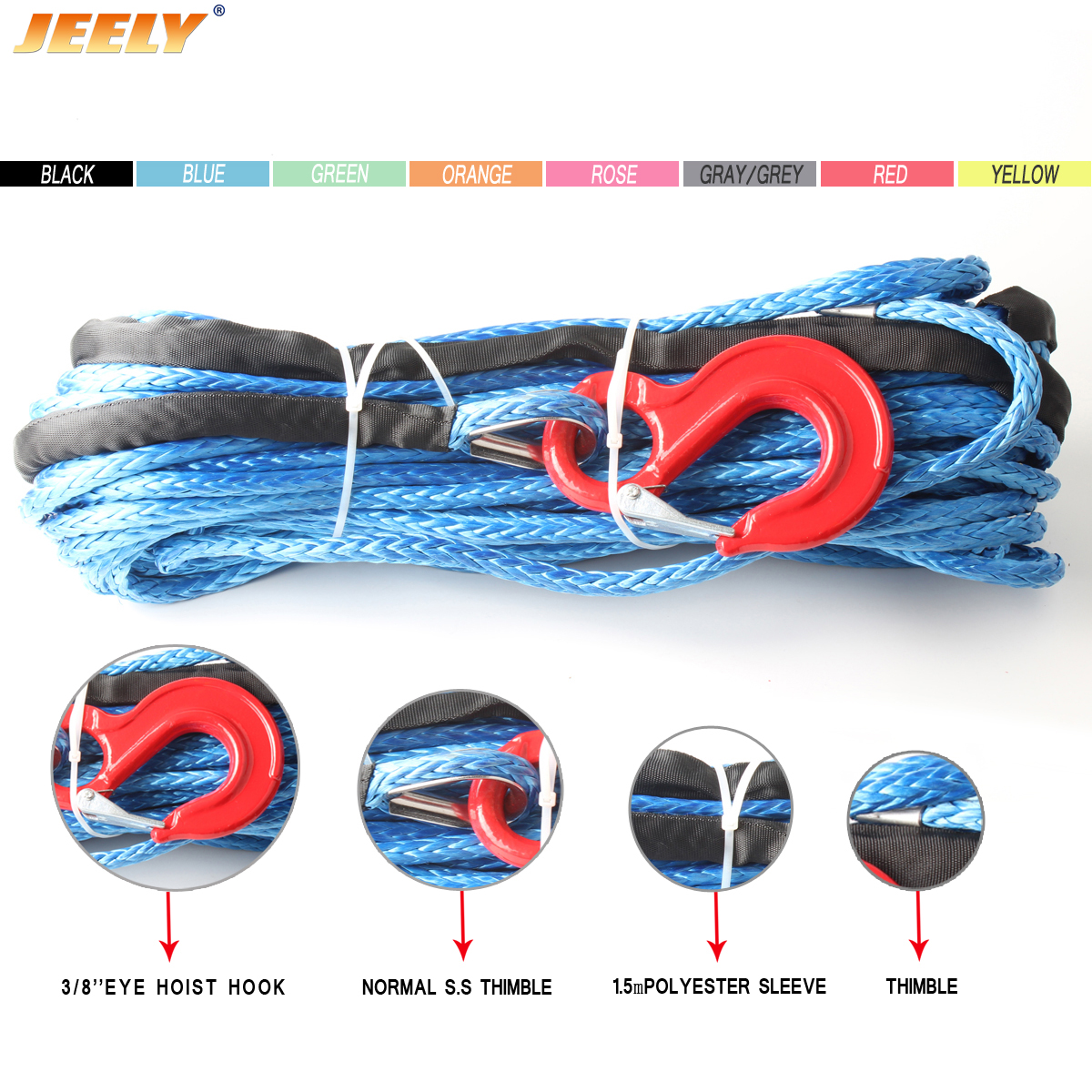 15mm*40m 12 Strand UHMWPE Synthetic 4X4/ATV Braid Winch Rope With Thimble and HOOK for Offroad